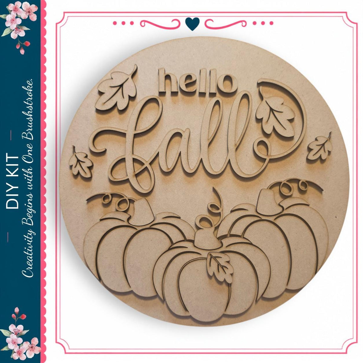 a wooden sign with the word "Hello" carved into it, surrounded by decorative leaves and pumpkins.