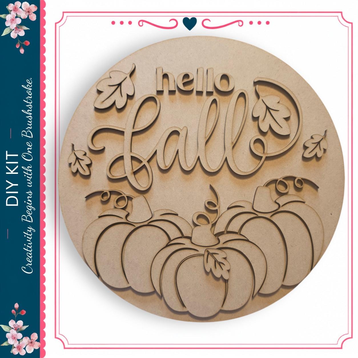 a wooden sign with the word "Hello" carved into it, surrounded by decorative leaves and pumpkins.