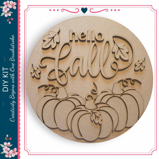 a wooden sign with the word "Hello" carved into it, surrounded by decorative leaves and pumpkins.
