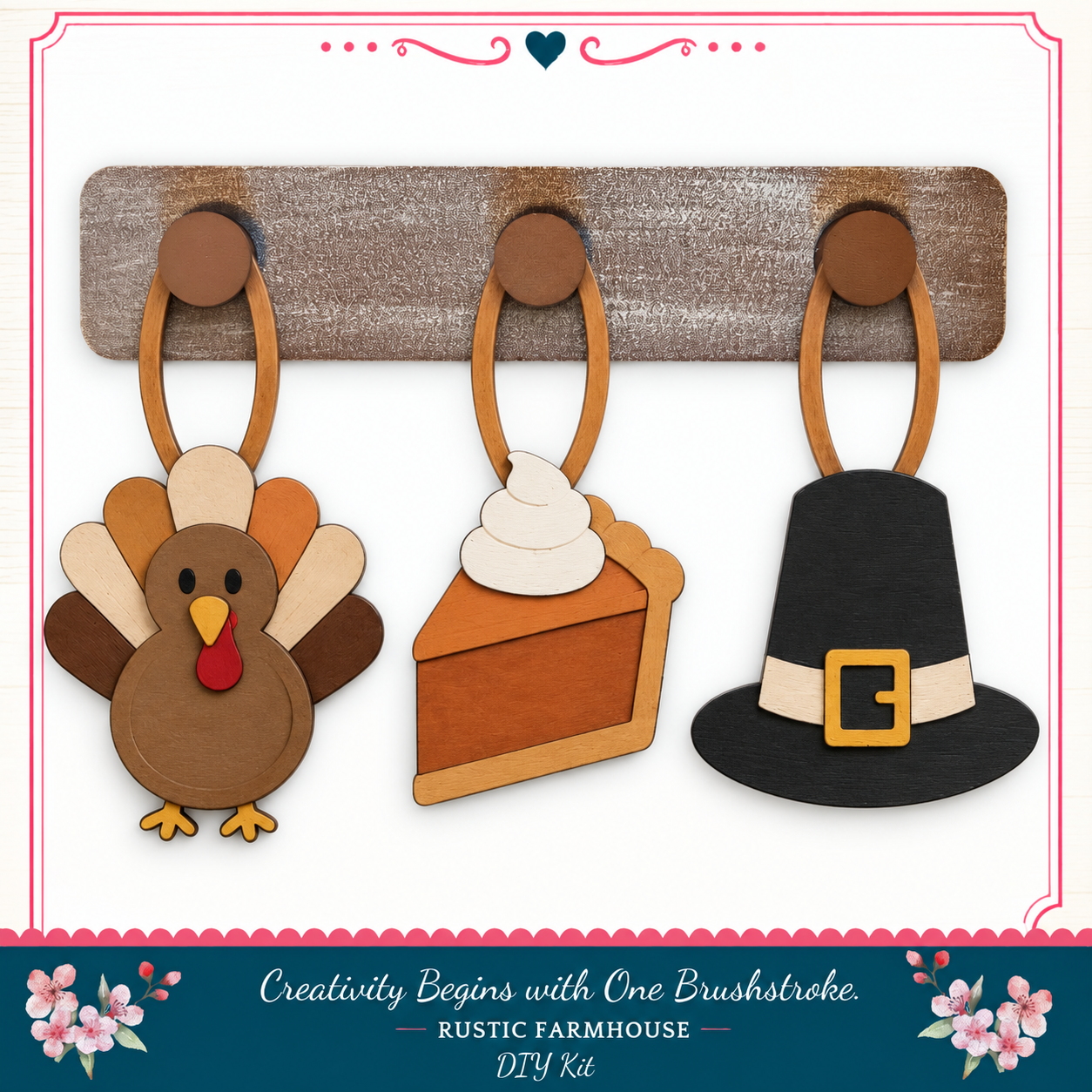 a rustic farmhouse-style DIY kit for creativity, including a turkey, a slice of pumpkin pie, and a black witch's hat.