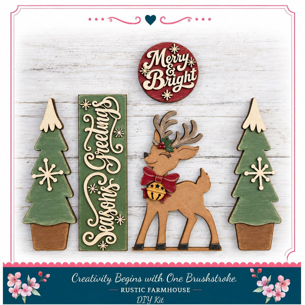 A DIY kit featuring a wooden reindeer, a green sign with "Season's Greetings", and two green Christmas trees with snowflakes on them, all set against a white background.