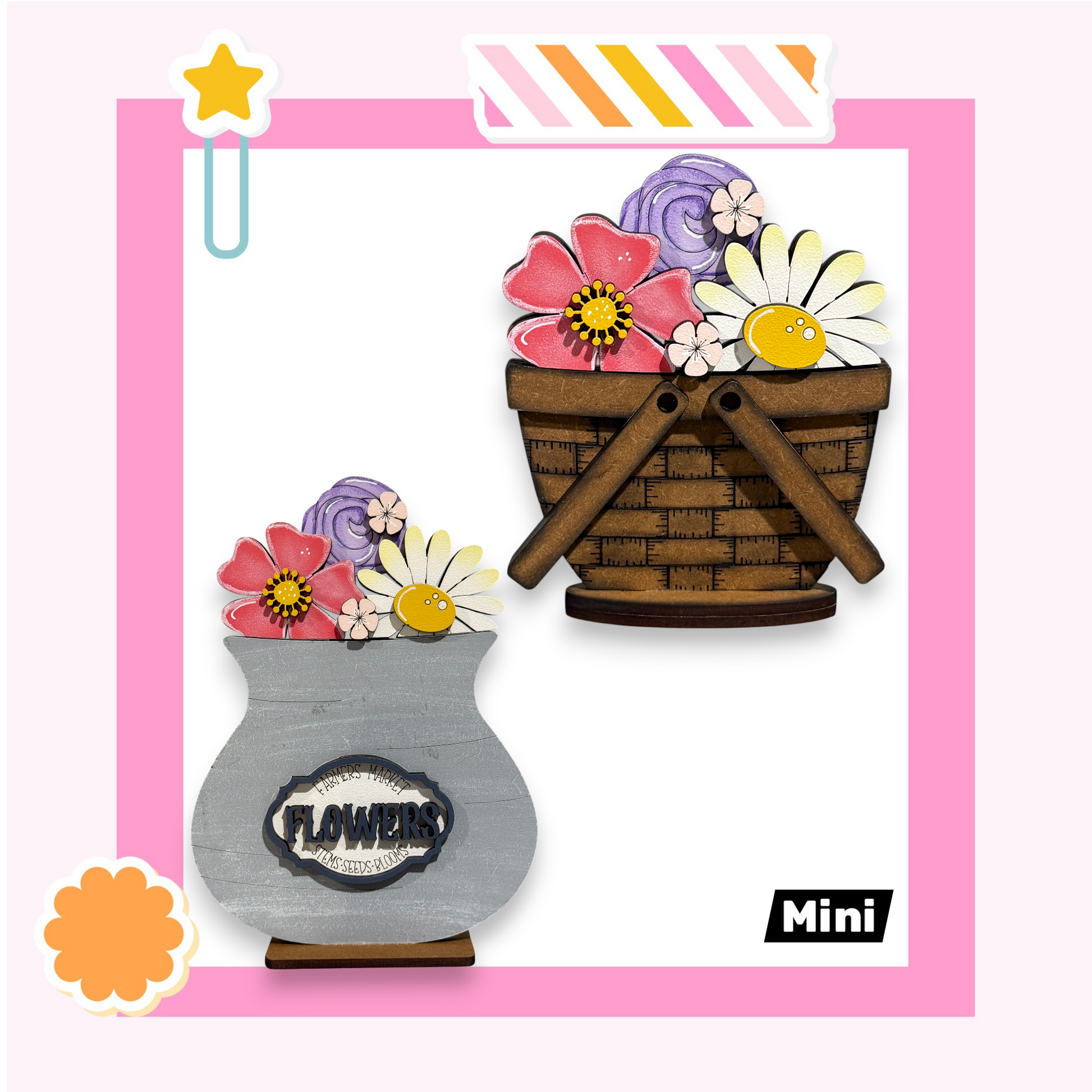 two wooden baskets filled with colorful flowers, set against a pink background.