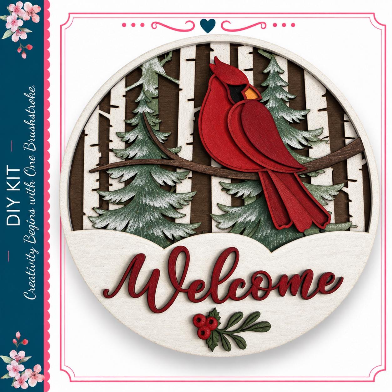 A wooden sign with a red cardinal perched on a branch, surrounded by pine trees and berries, with the word "Welcome" written on it.