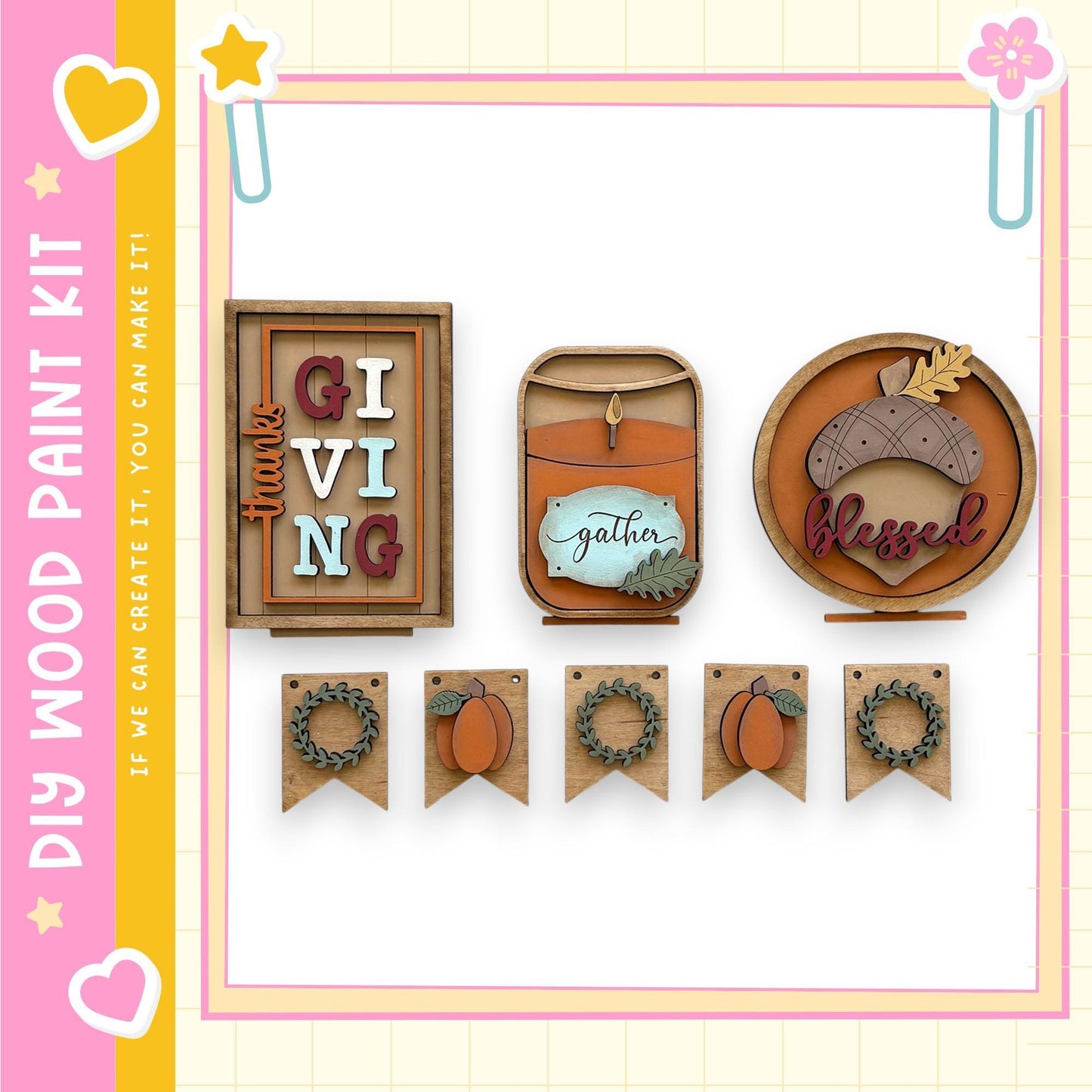 various wooden decorations and signs related to the Thanksgiving holiday, including a "Gift Giving" sign, a "Gather" sign, and a "Blessed" sign. The decorations are arranged in a row, creating a festive display.