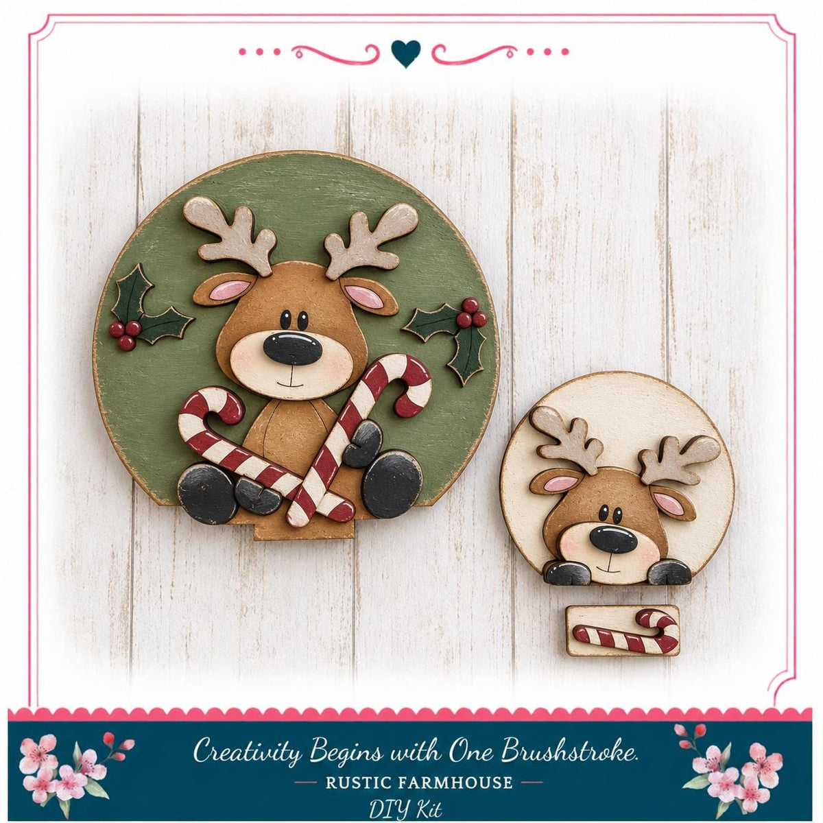 a festive Christmas-themed decoration kit, including a wooden deer figure holding a candy cane and holly leaves, as well as a smaller wooden deer figure. The kit is designed to be used for creating similar decorations.
