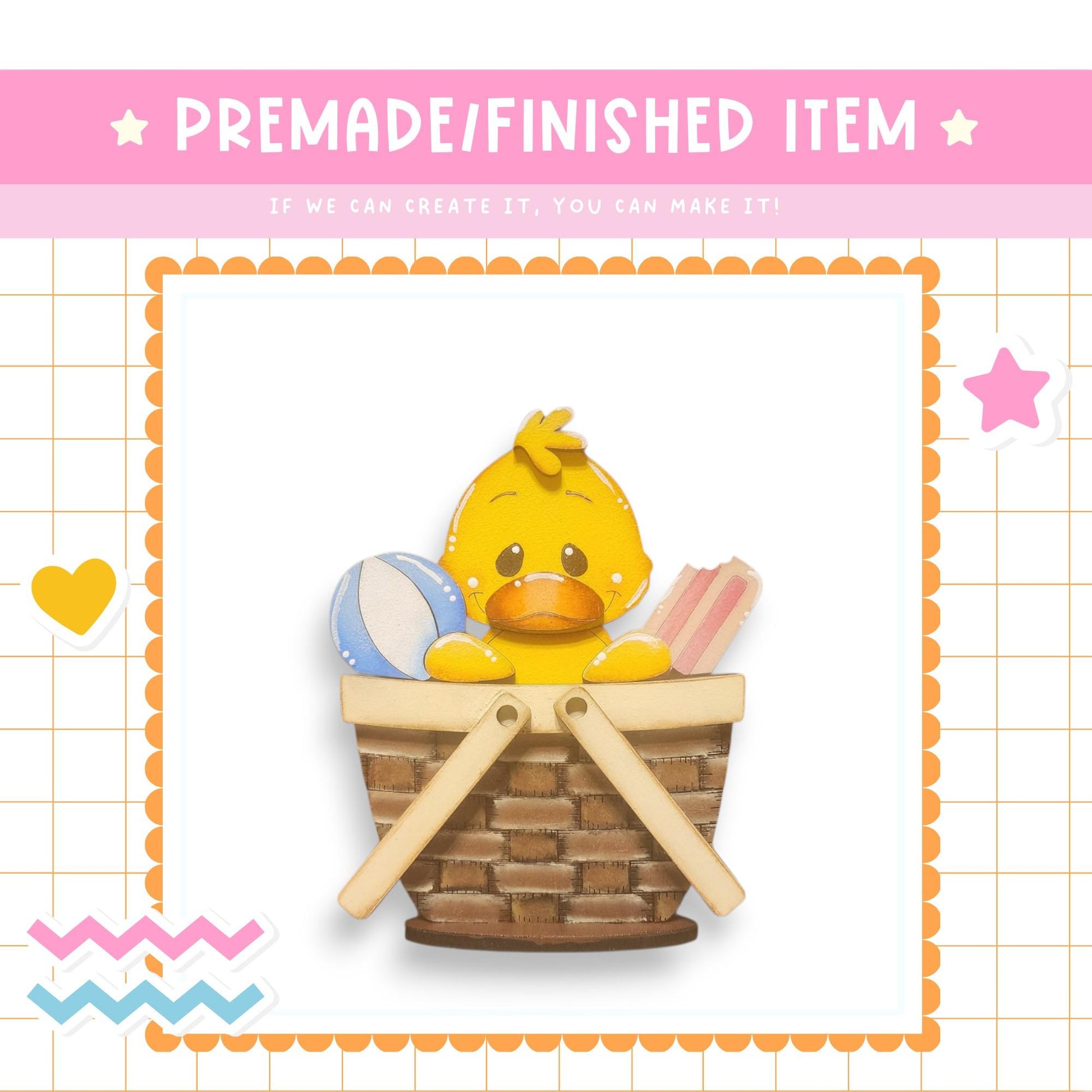 a rubber ducky sitting in a basket of soaps