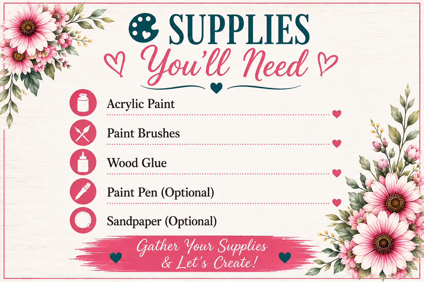 The image is a list of supplies needed for a craft project, with a floral border on the left side.