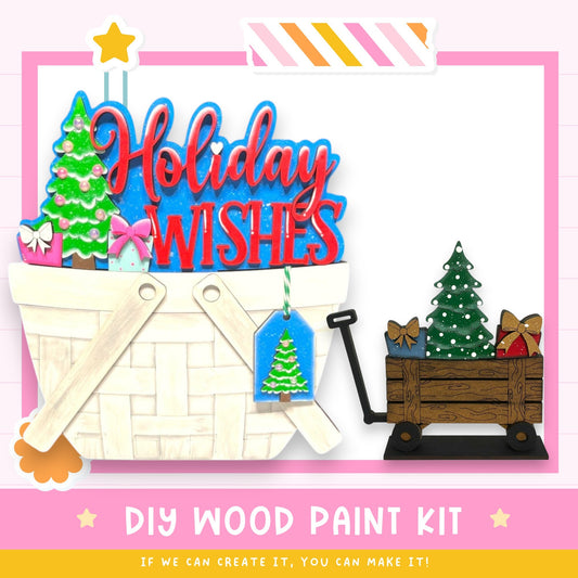 The image is a festive holiday-themed collage featuring a basket filled with Christmas decorations, a wooden wagon, and a sign that says "Holiday Wishes".
