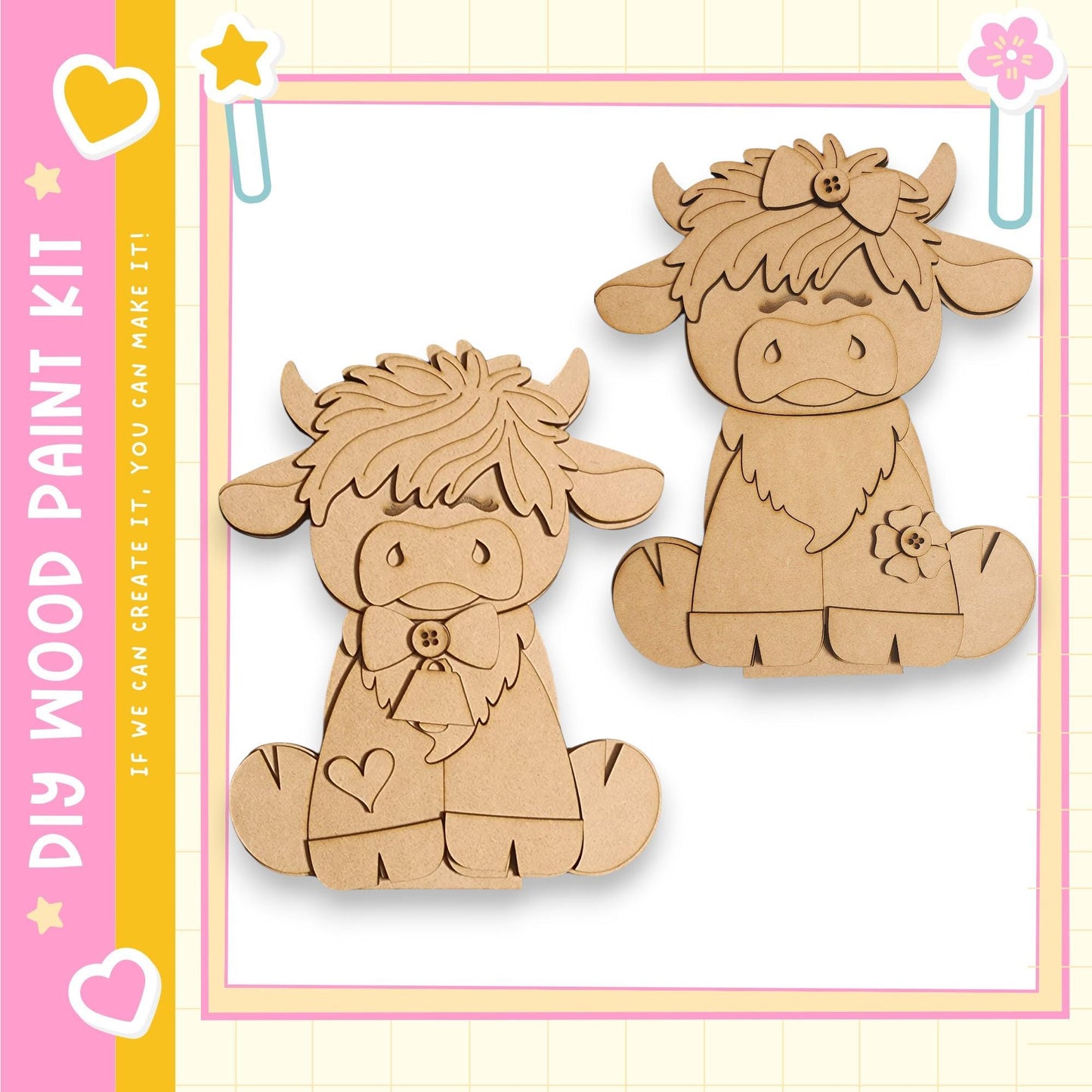 two wooden cutouts of cows, one on the left and one on the right, sitting on the ground.