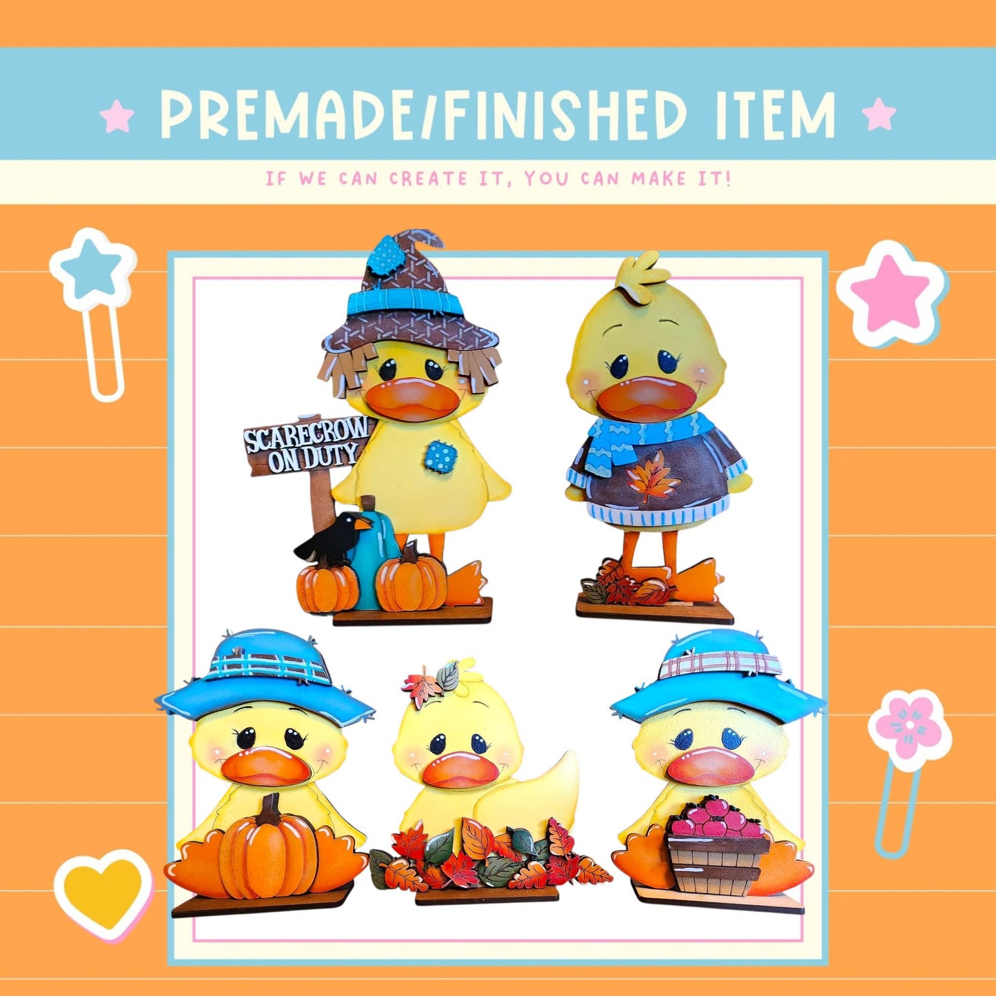 The image is a collage of five wooden duck figurines, each with different accessories and outfits, arranged in a square frame.