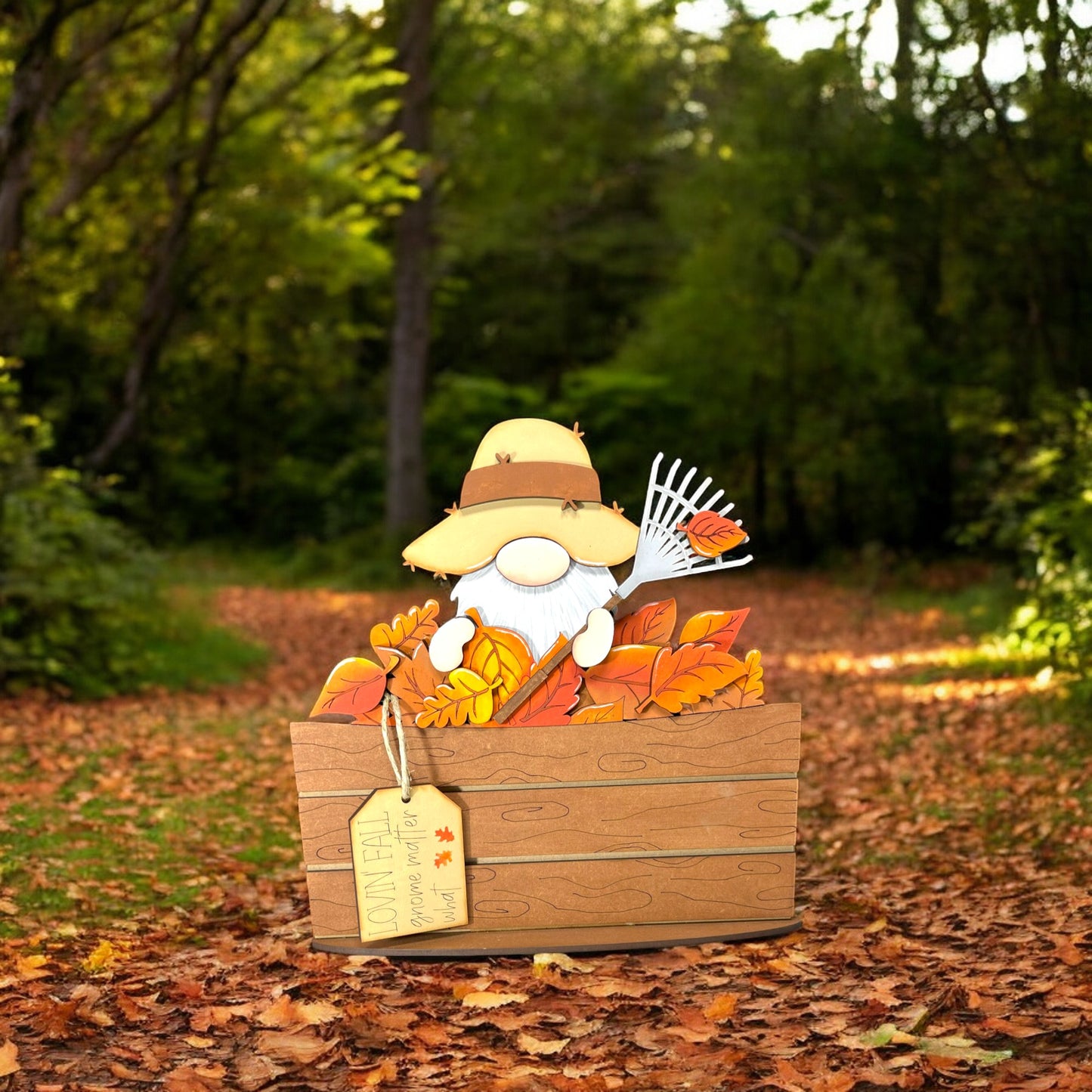 a wooden box with a scarecrow in it