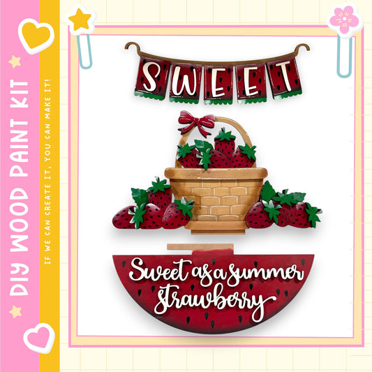 a basket filled with red strawberries, accompanied by a banner that reads "Sweet Strawberry" and a watermelon-shaped sign that says "Sweet as a summer strawberry".