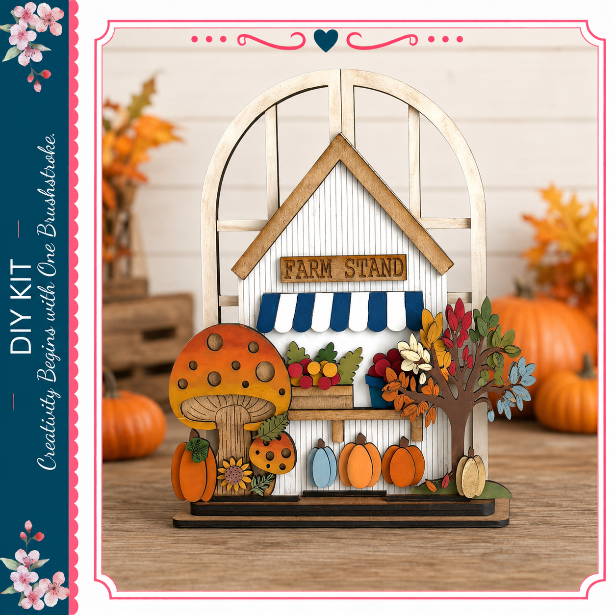 A wooden farm stand with a mushroom, pumpkins, and a tree, surrounded by autumn decorations, is the focus of the image.