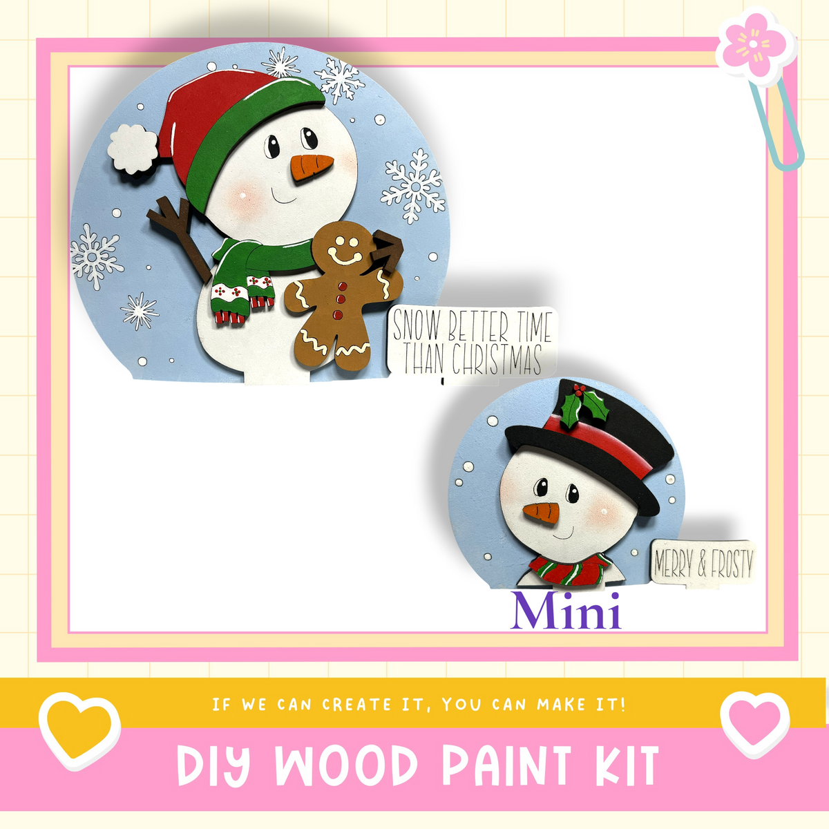 The image is a collage featuring two snowmen and a gingerbread man, along with a message encouraging the viewer to create their own snowman.