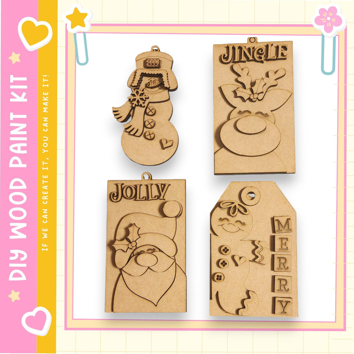 four wooden ornaments, each with a unique design, including a snowman, a jingle bell, a jolly, and a merry sign.
