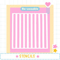 The image is a pink and white striped background with a heart-shaped sticker on the top right corner. The word "Re-useable" is displayed above the background, and the word "STENCILS" is written at the bottom of the image.
