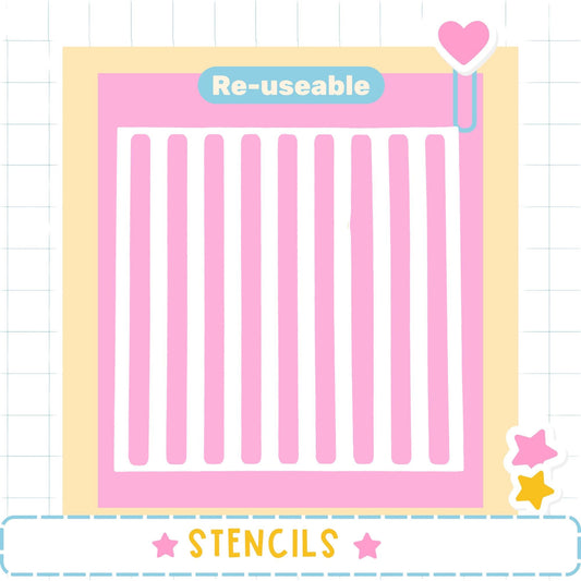 The image is a pink and white striped background with a heart-shaped sticker on the top right corner. The word "Re-useable" is displayed above the background, and the word "STENCILS" is written at the bottom of the image.