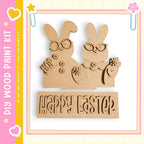 A wooden Easter bunny decoration with the text "Happy Easter" on it, along with a "DIY WOOD PAINT KIT" label.