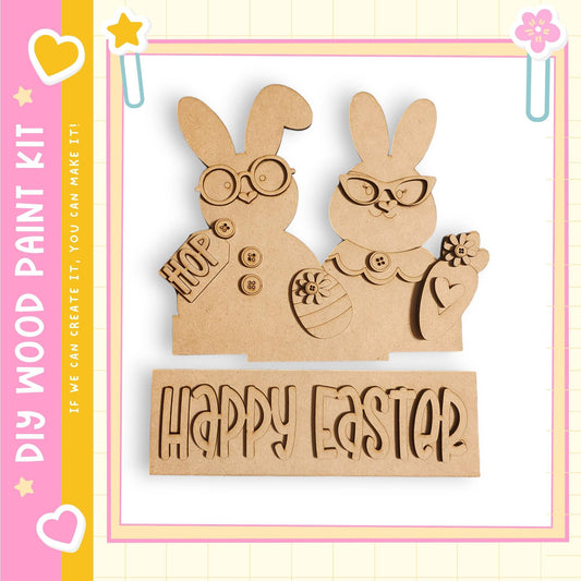 A wooden Easter bunny decoration with the text "Happy Easter" on it, along with a "DIY WOOD PAINT KIT" label.