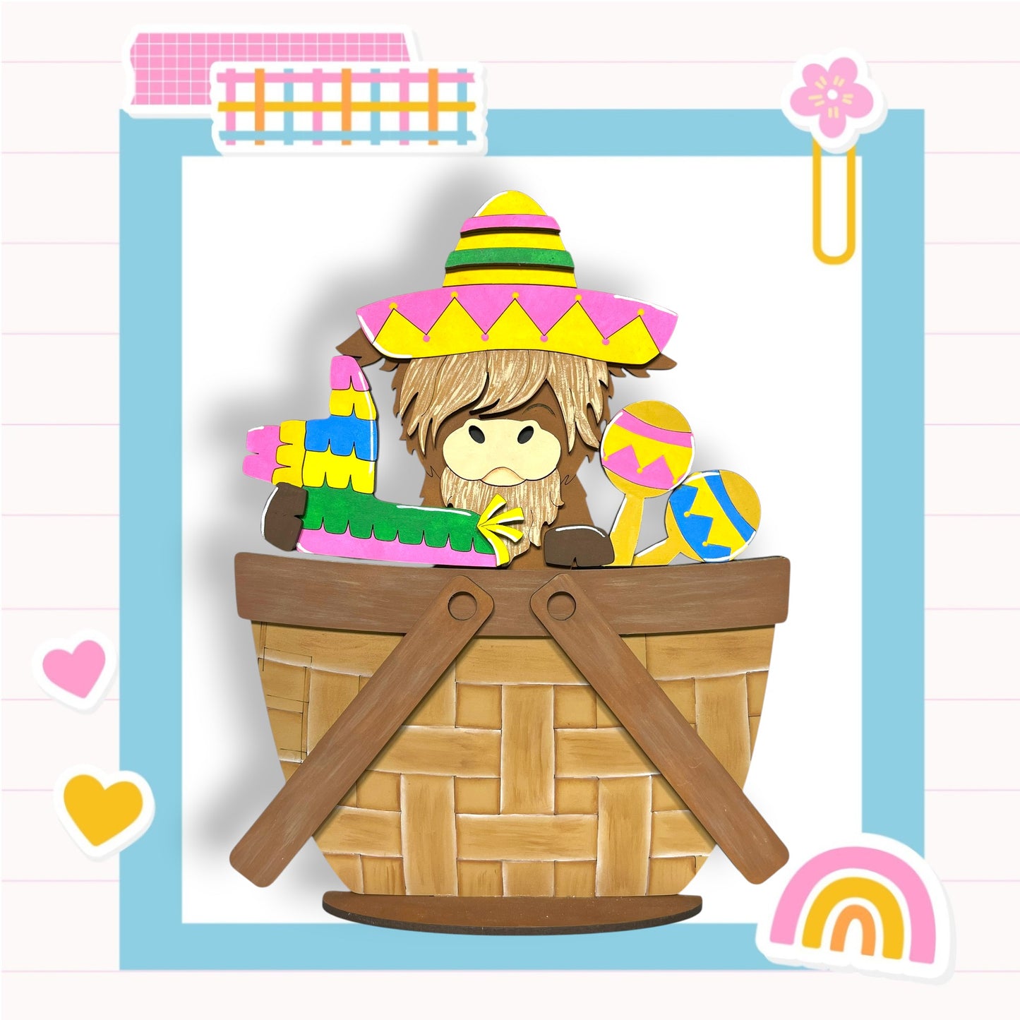 A cartoon character wearing a colorful hat and holding a toy is sitting in a basket, surrounded by various colorful objects and a rainbow-colored background.