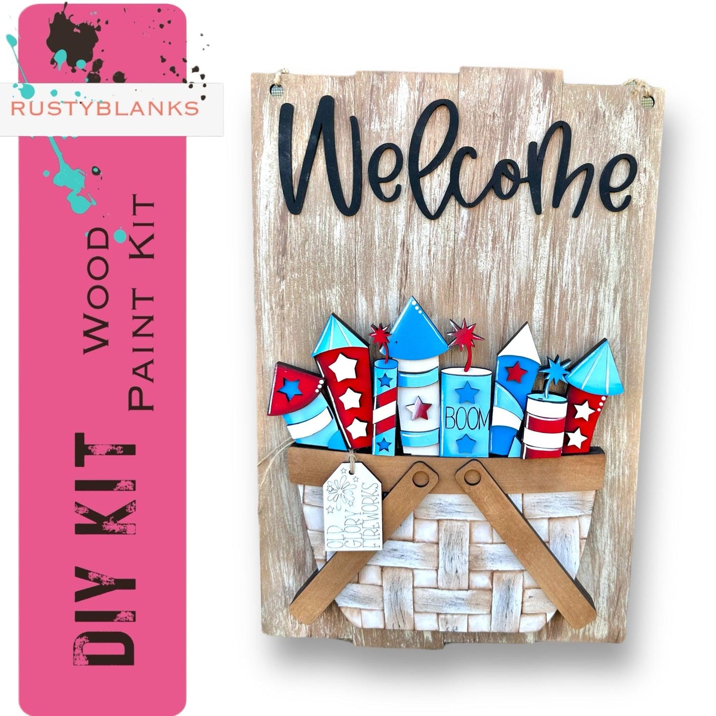 a welcome sign with a basket of gifts