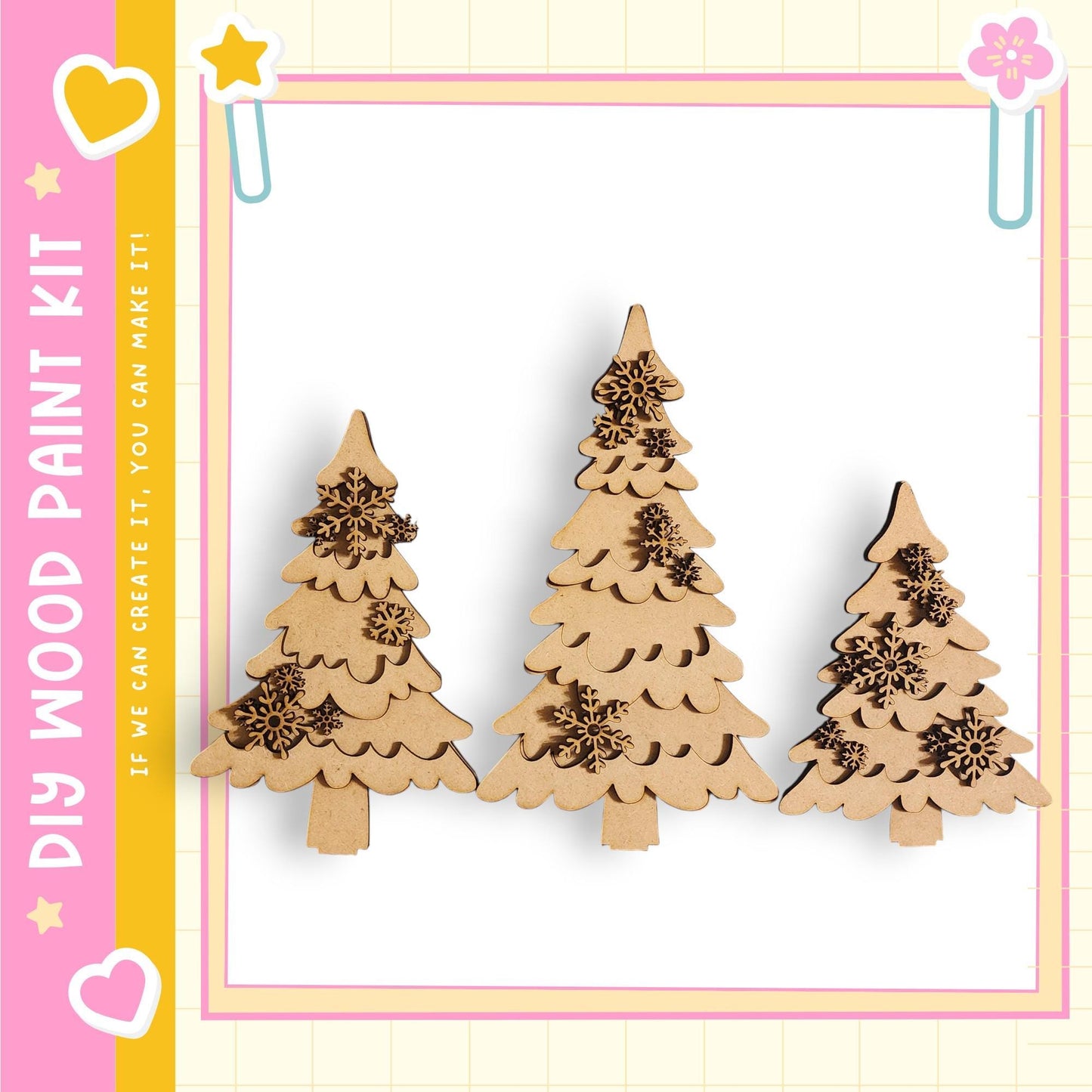 three wooden Christmas trees with snowflake decorations, arranged in a row against a white background.