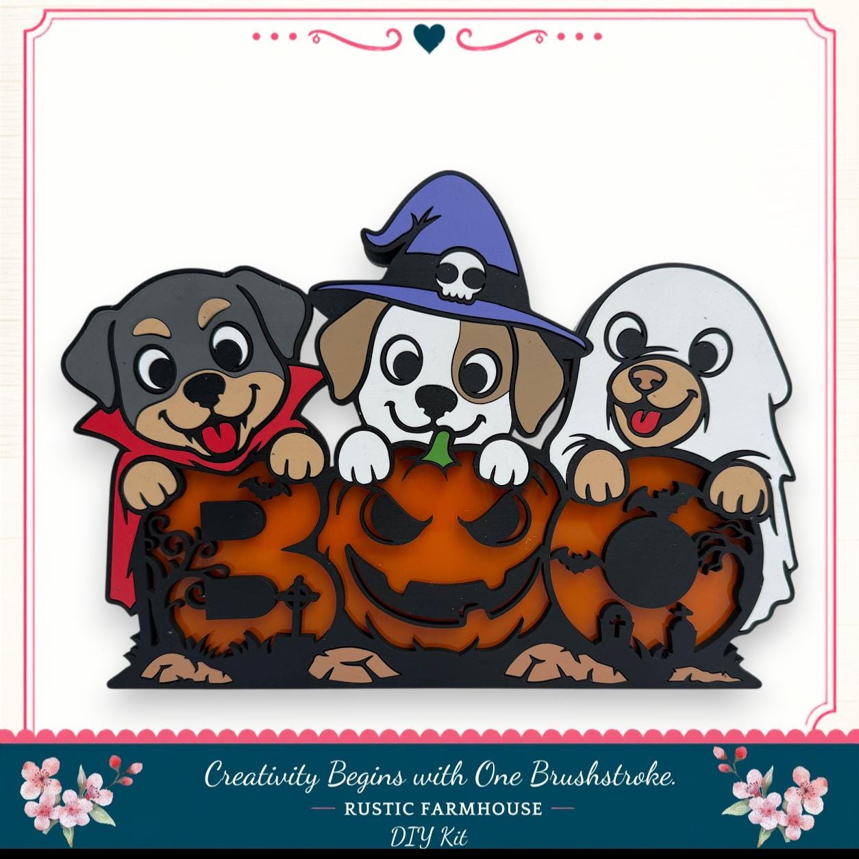 A collage of three cartoon dogs dressed in Halloween costumes, including a witch hat, a black and white dog, and a ghost, along with carved pumpkins.