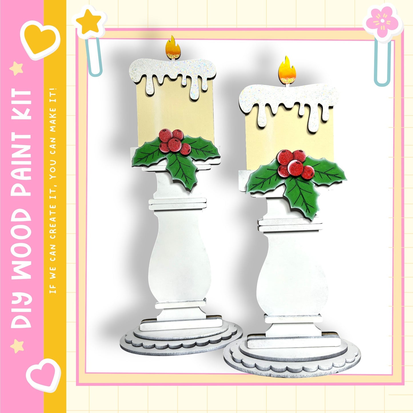 two white candle holders with decorative elements such as berries and holly leaves, placed on a white base.