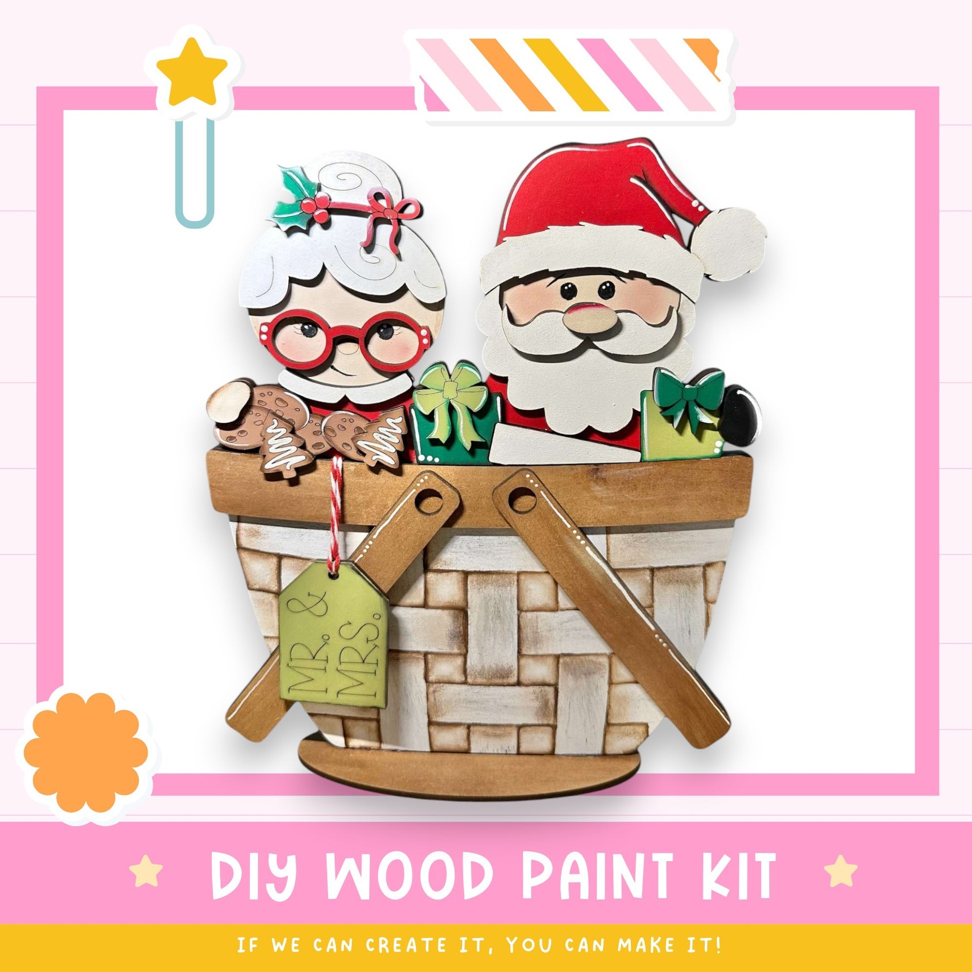 a DIY wood paint kit for creating a wooden basket with a Santa Claus and an elderly woman figure inside. The kit includes a wooden basket, a Santa Claus figure, and a wooden figure of an elderly woman. The image also includes a text that says "DIY WOOD PAINT KIT" and "IF WE CAN CREATE IT, YOU CAN MAKE IT!"