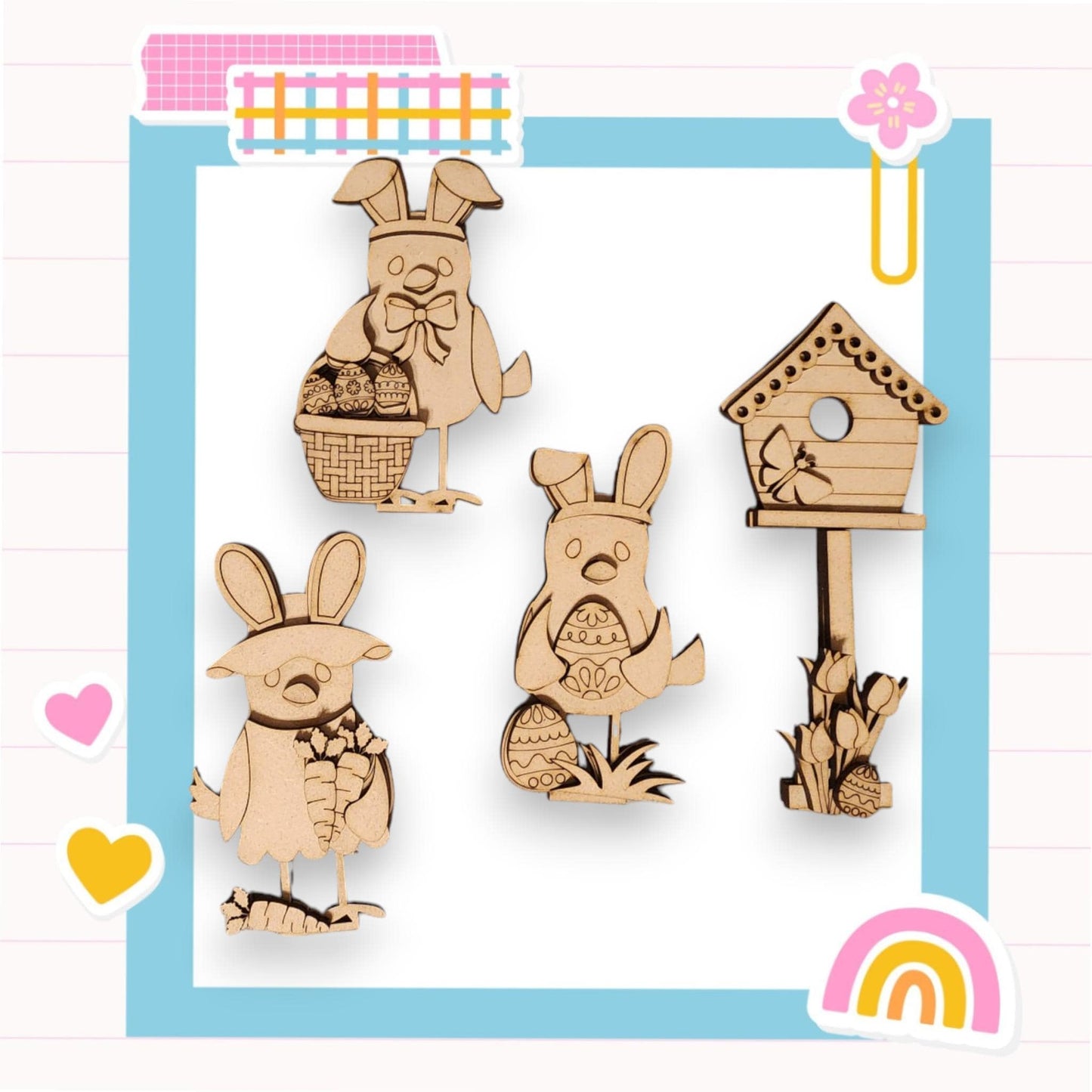 a wooden cutout of rabbits with a birdhouse