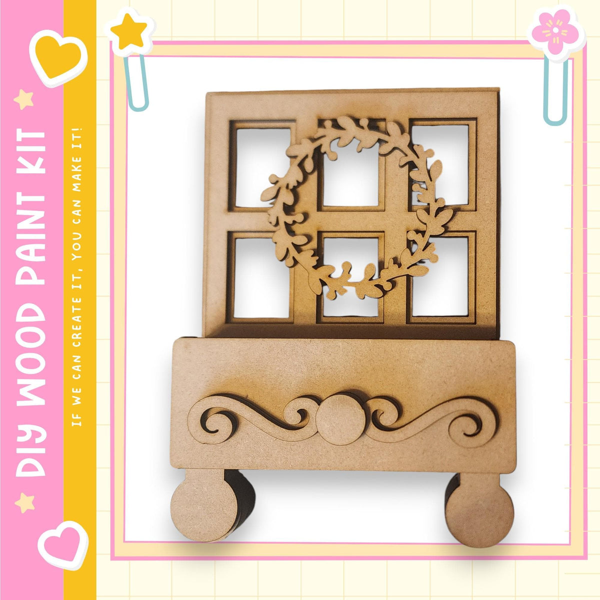 a wooden craft kit with a wreath design on a wooden base.
