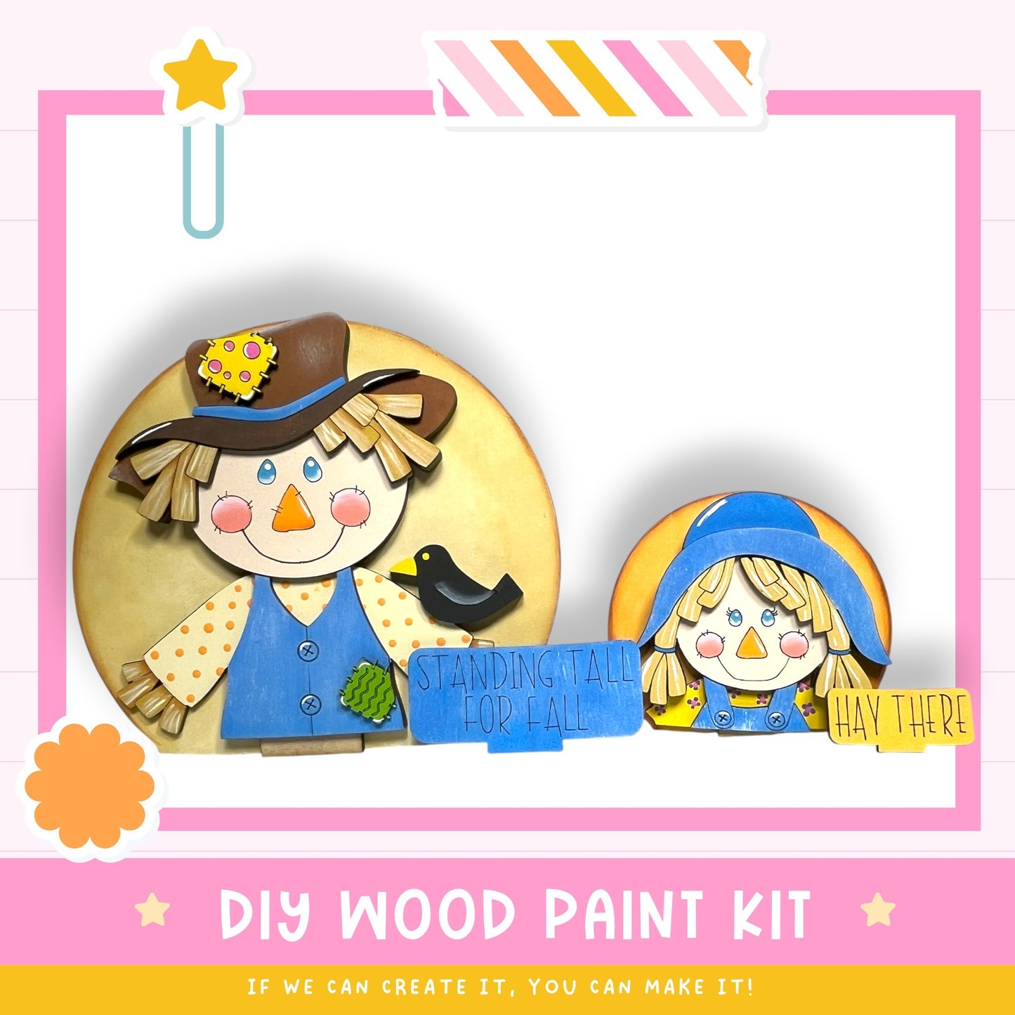 a DIY wood paint kit for creating a scarecrow, with a colorful illustration of a scarecrow and a smaller scarecrow figure. The kit includes a sign that says "STANDING TALL FOR ALL" and a smaller sign that says "HAY THERE". The kit appears to be designed for children to create their own scarecrow.