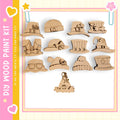 a collection of wooden hats and caps, each with unique designs and decorations, displayed against a pink and yellow background.