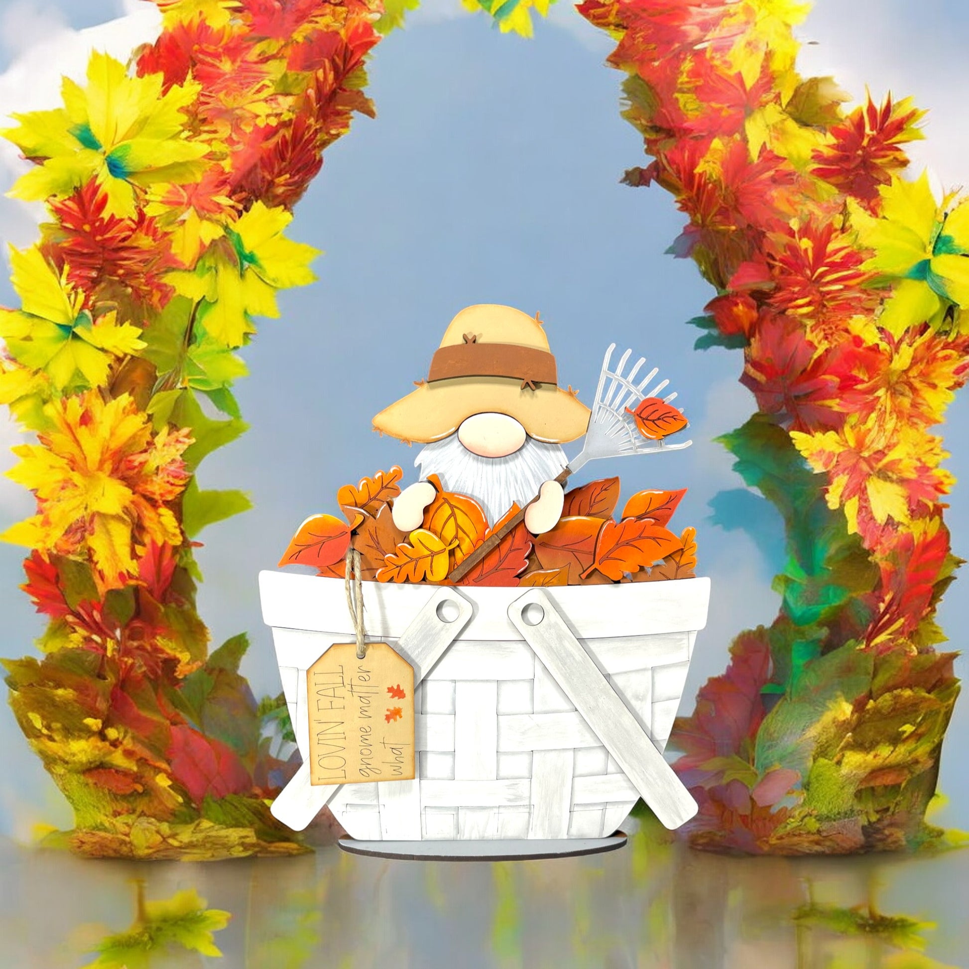 a painting of a man in a basket of leaves