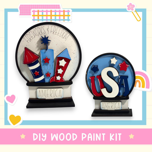 two wooden paint kits labeled "Fireworks & Freedom" and "USA", with various patriotic symbols and designs.