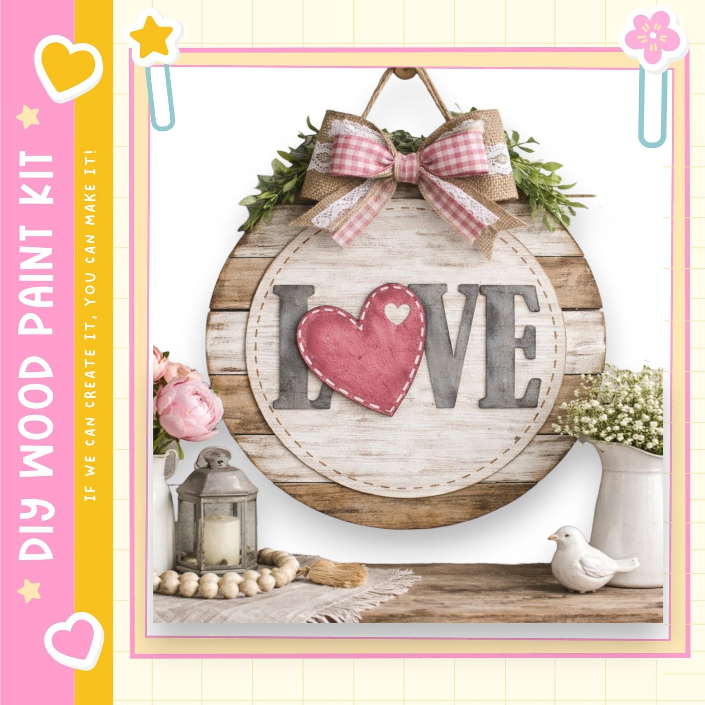 a rustic wooden sign with the word "LOVE" written on it, hanging on a wall. The sign is decorated with a bow and greenery, and there are other decorative items such as a candle, a bird figurine, and a vase of flowers nearby. The overall scene has a warm and cozy atmosphere.