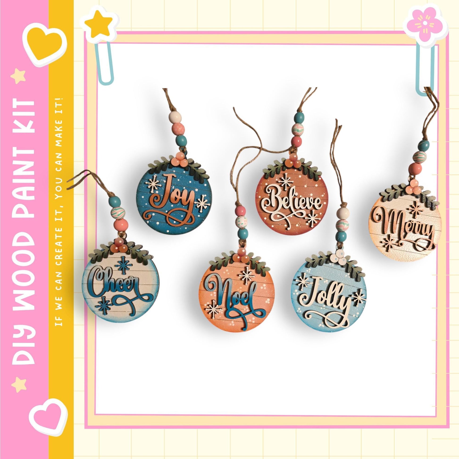 A collection of five wooden ornaments with various holiday-themed sayings hanging from strings.