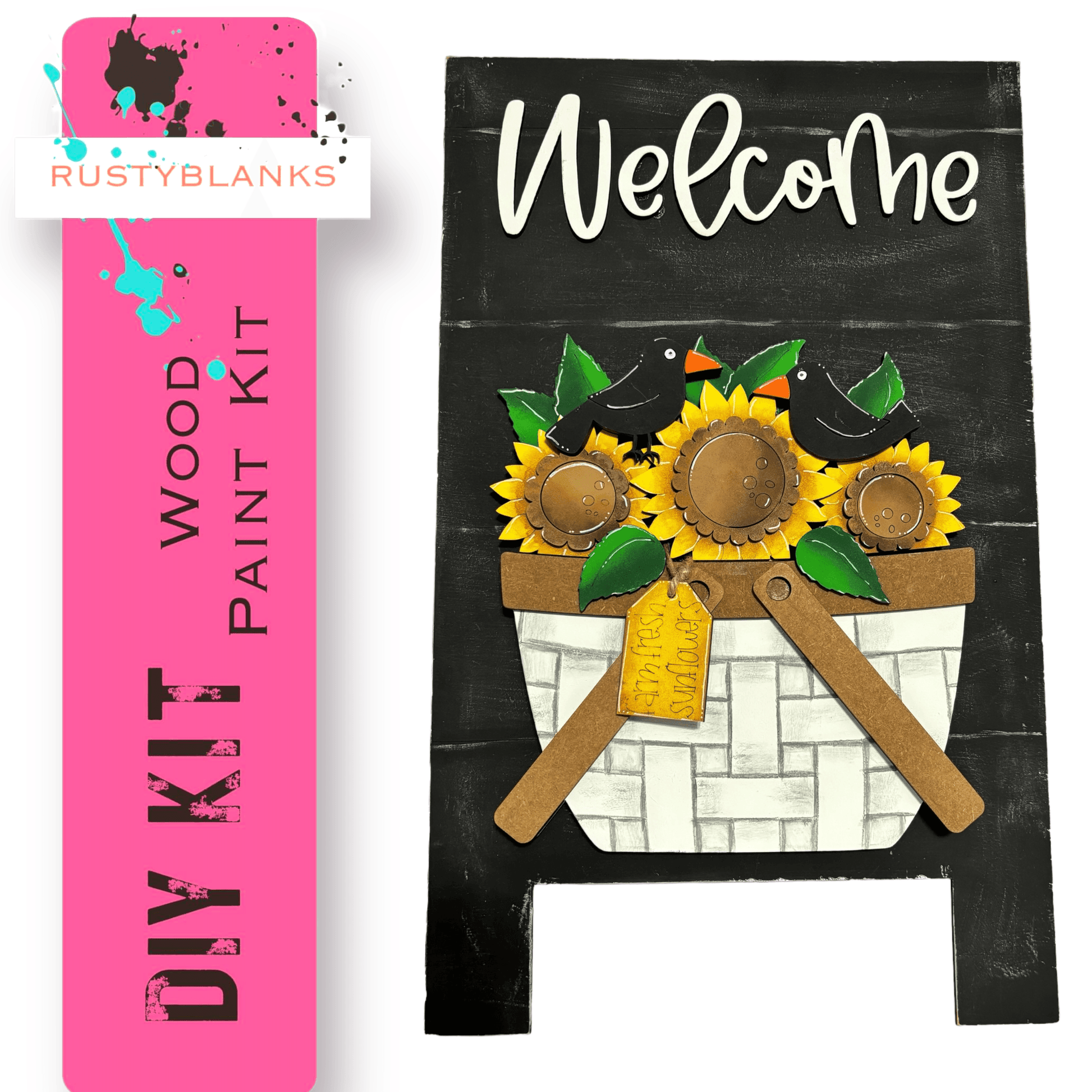 a welcome sign with sunflowers in a basket