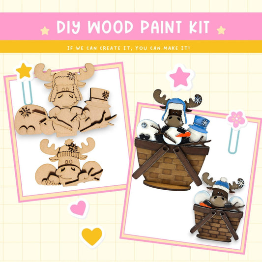 a wooden craft kit with a picture of a dog in a basket