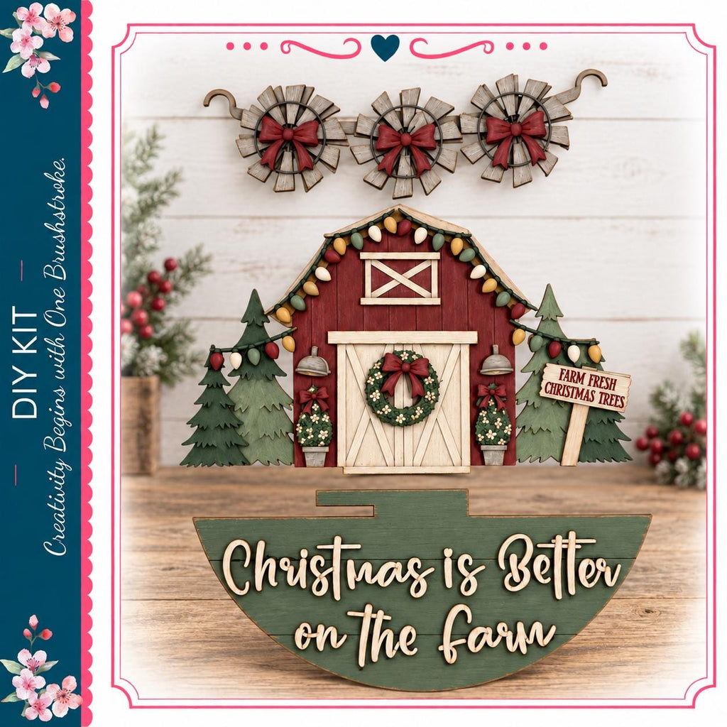 a festive scene with a red barn, Christmas trees, and a wreath, all set against a white background. The phrase "Christmas is Better on the Farm" is displayed prominently in the foreground, suggesting a holiday-themed composition.