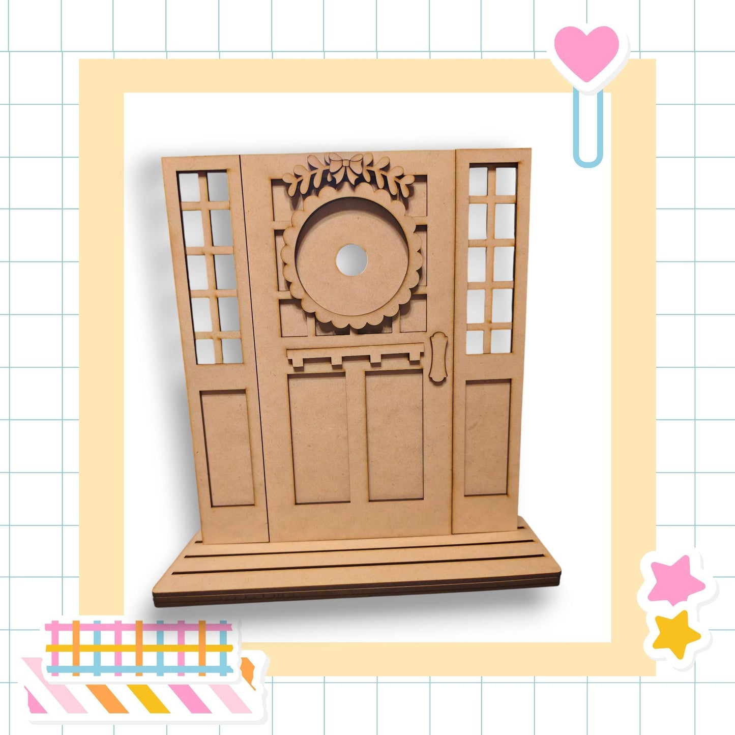 a wooden door with a decorative design, set within a frame with a heart and stars.