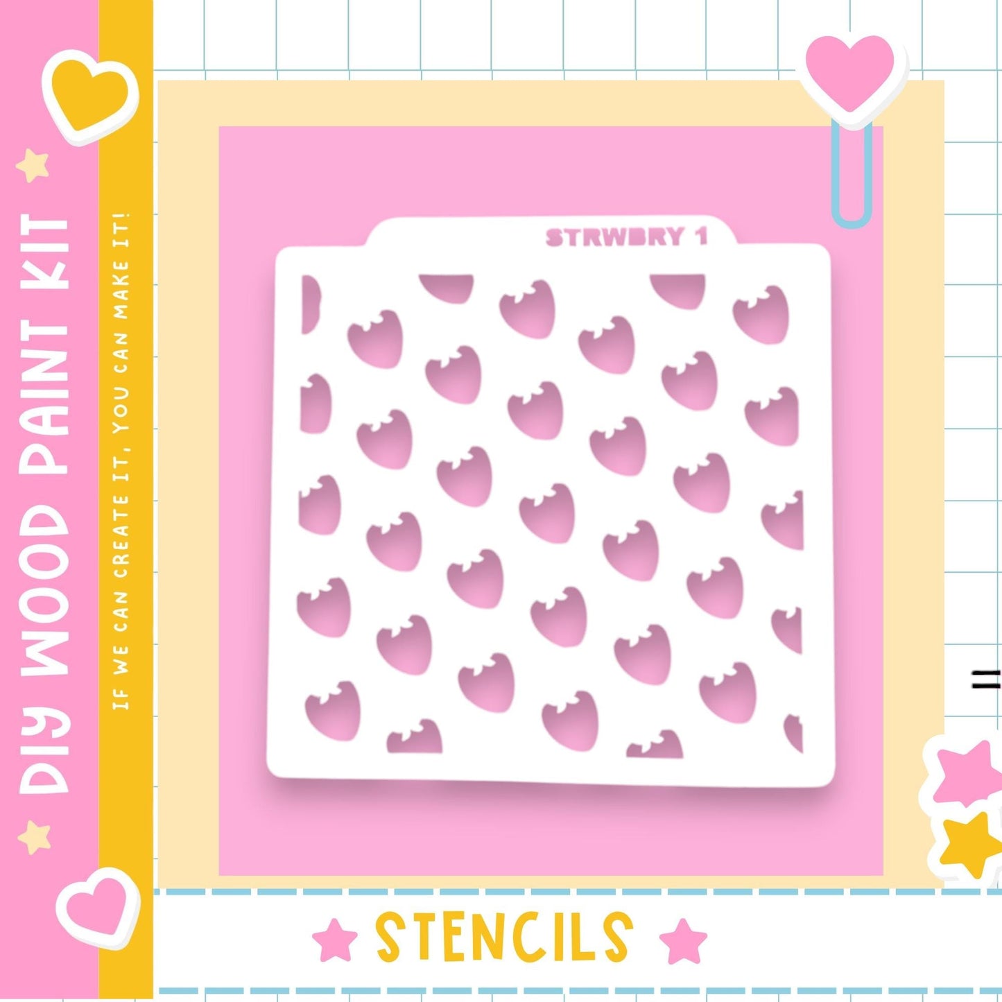 The image is a colorful and playful design featuring a white stencil with a repeating pattern of pink hearts against a pink background. The stencil is surrounded by various decorative elements such as hearts, stars, and a pink border.