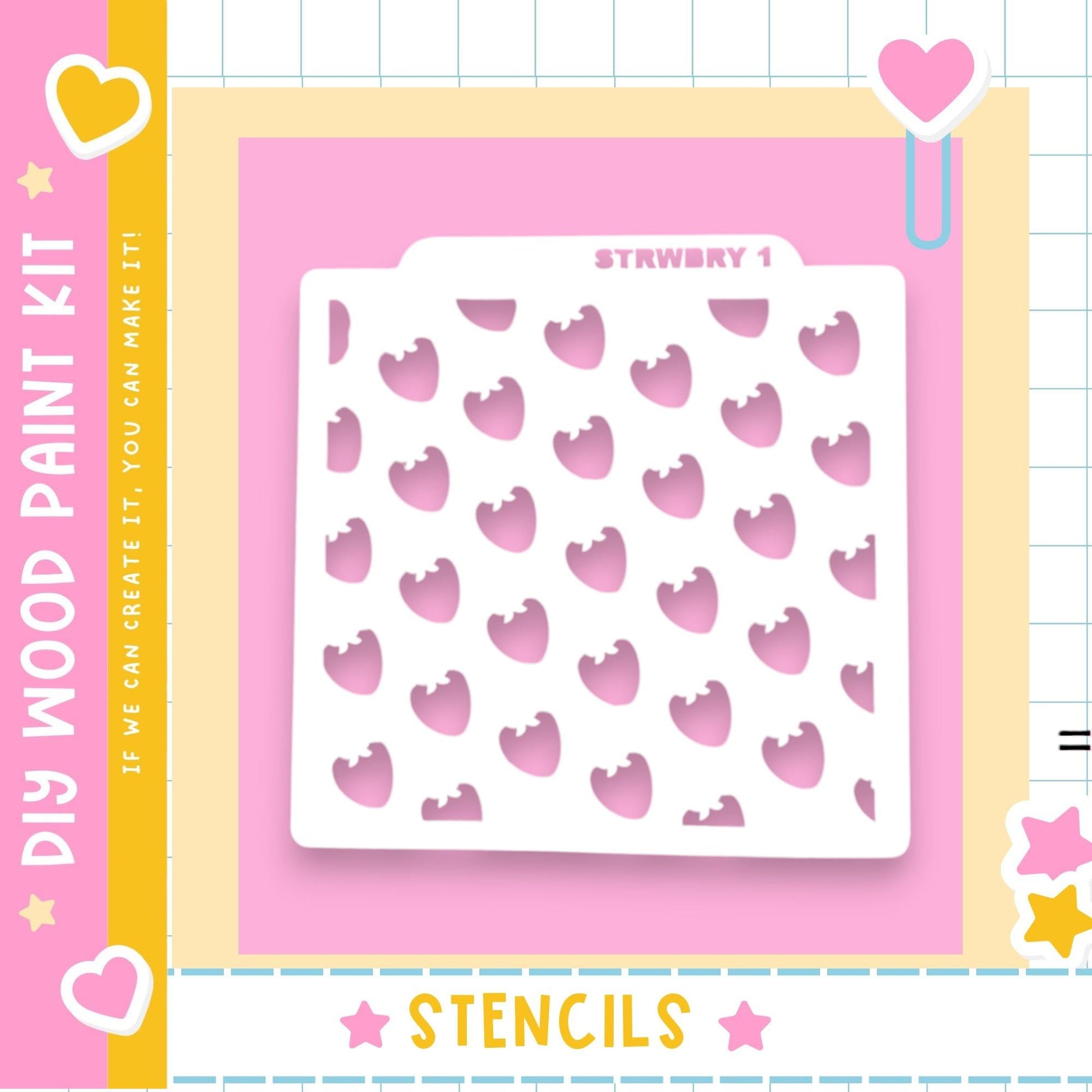 The image is a colorful and playful design featuring a white stencil with a repeating pattern of pink hearts against a pink background. The stencil is surrounded by various decorative elements such as hearts, stars, and a pink border.