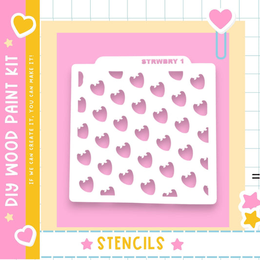 The image is a colorful and playful design featuring a white stencil with a repeating pattern of pink hearts against a pink background. The stencil is surrounded by various decorative elements such as hearts, stars, and a pink border.