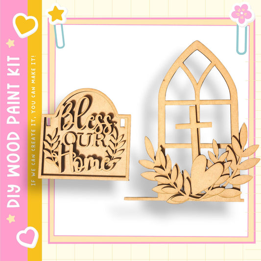 two wooden cutouts, one with the words "Bless Our Home" carved into it, and the other with a cross and leaves.