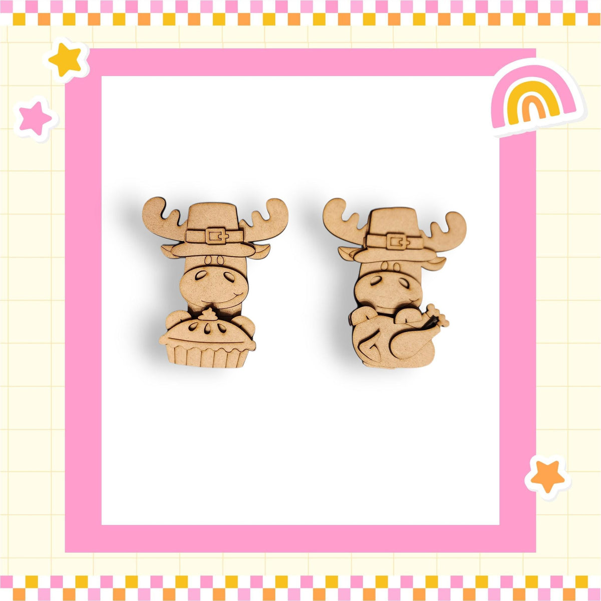 two wooden cartoon animal figures wearing festive hats, set against a pink and yellow checkered background with a rainbow and stars.