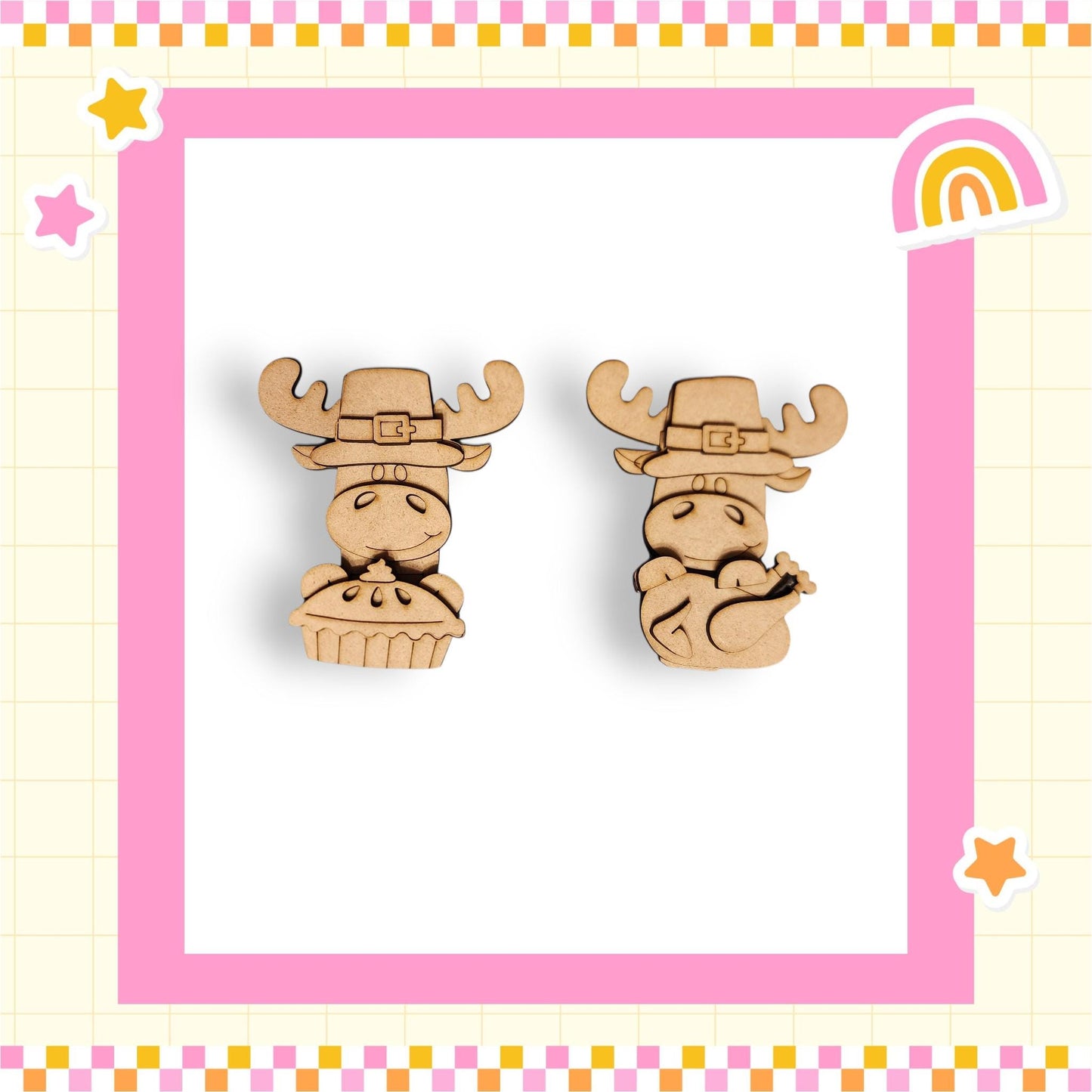 two wooden cartoon animal figures wearing festive hats, set against a pink and yellow checkered background with a rainbow and stars.