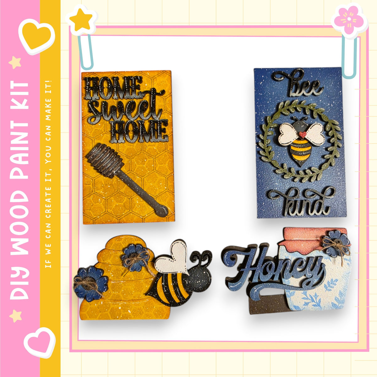 various wooden paint kit pieces, including a honeycomb, a bee, and a sign with the word "Honey".