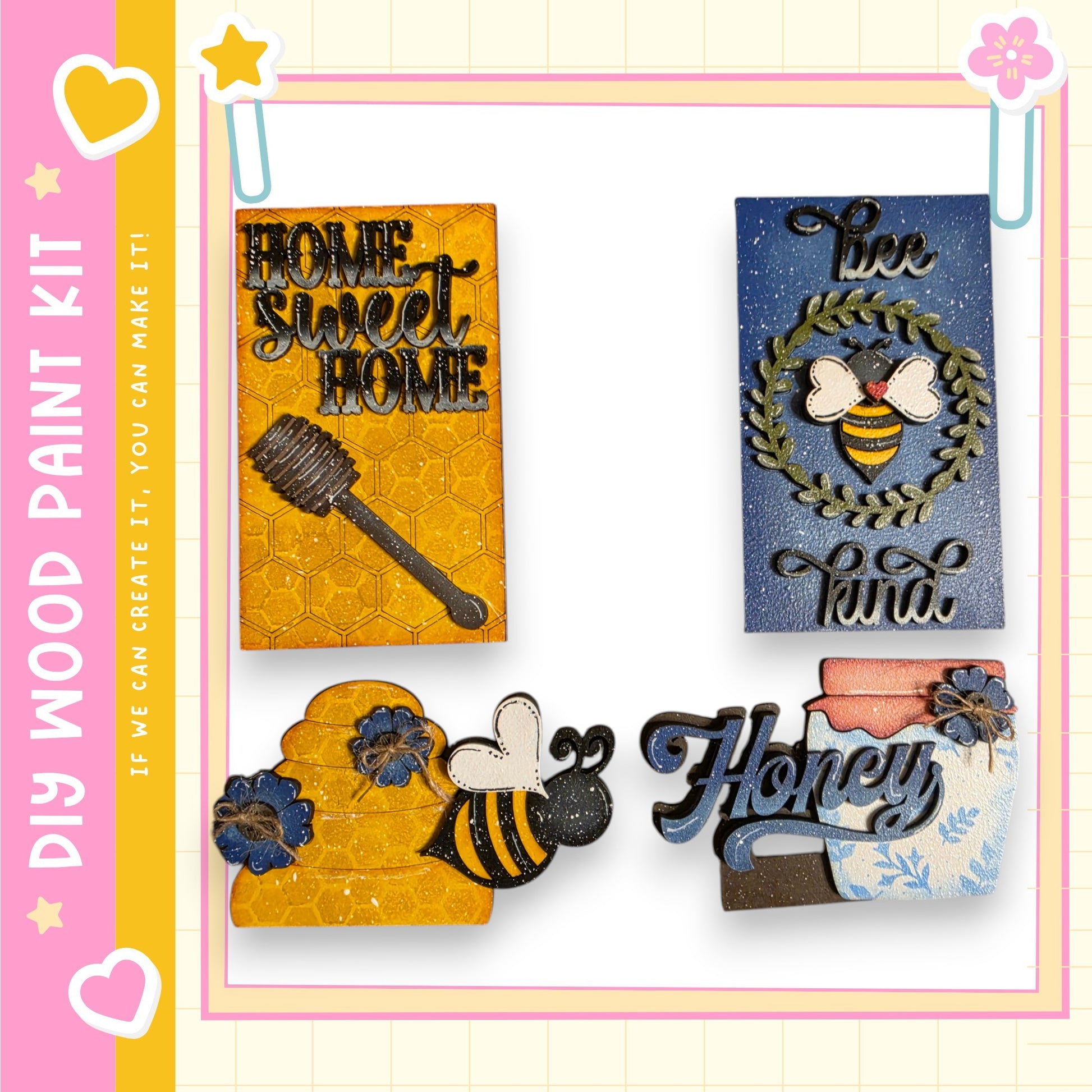 various wooden paint kit pieces, including a honeycomb, a bee, and a sign with the word "Honey".