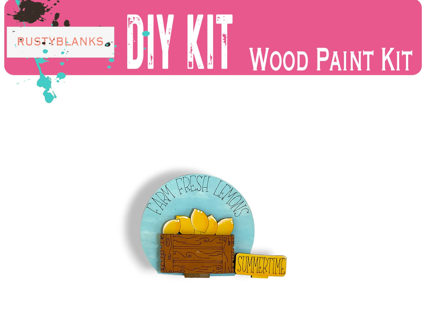 The image is a DIY kit for a wood paint kit, featuring a wooden crate with lemons and a sign that says "Summertime".